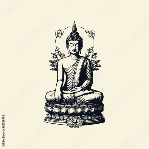 buddha statue illustration. buddha gautama vintage style illustration. hand drawn buddha isolated background