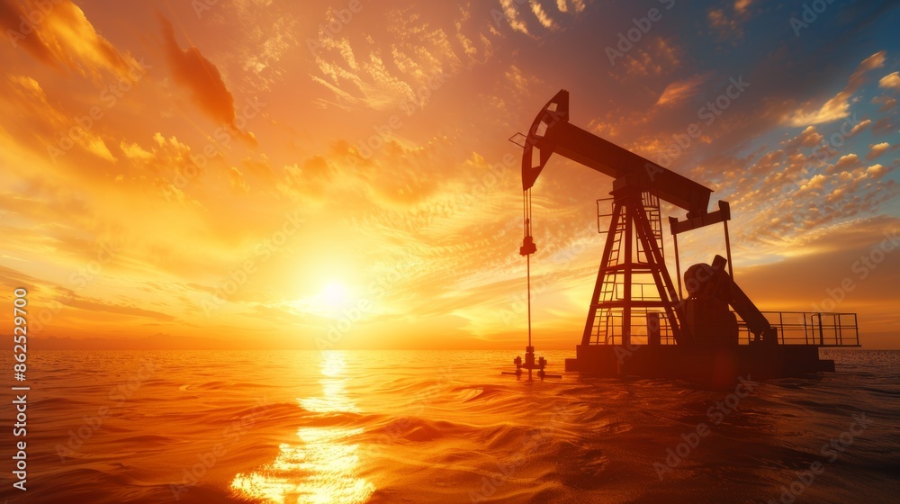 Offshore oil rig at sunset with vibrant sky Offshore oil rig at sunset with vibrant sky