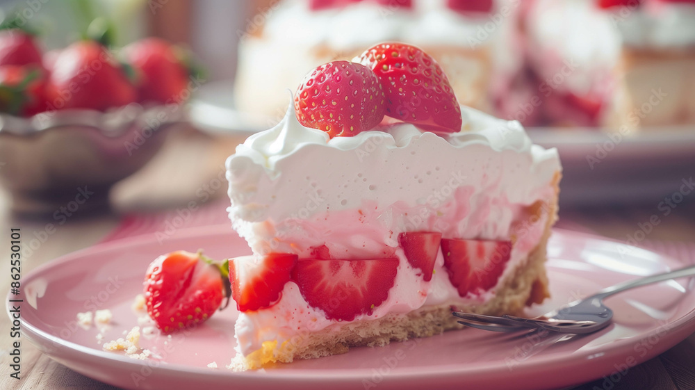 A close-up of a strawberry yogurt topped meringue cake slice on a dessert plate, with the full cake in the background. Ai generated A close-up of a strawberry yogurt topped meringue cake slice on a dessert plate, with the full cake in the background. Ai generated