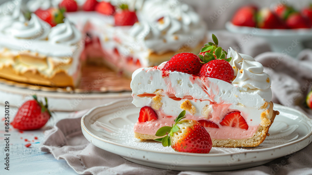 A close-up of a strawberry yogurt topped meringue cake slice on a dessert plate, with the full cake in the background. Ai generated A close-up of a strawberry yogurt topped meringue cake slice on a dessert plate, with the full cake in the background. Ai generated