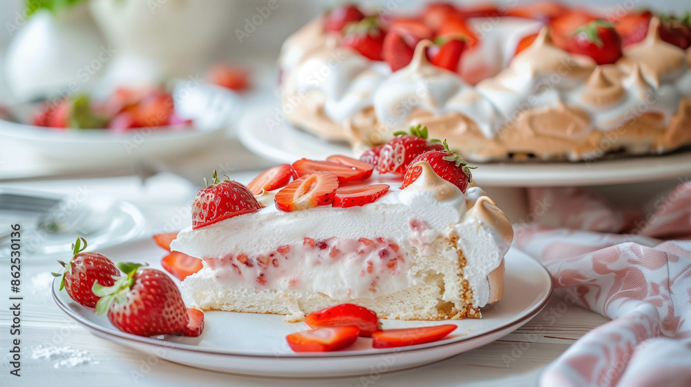 A close-up of a strawberry yogurt topped meringue cake slice on a dessert plate, with the full cake in the background. Ai generated A close-up of a strawberry yogurt topped meringue cake slice on a dessert plate, with the full cake in the background. Ai generated