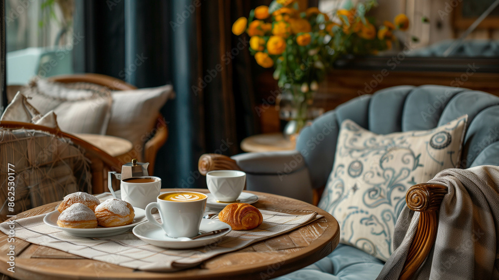 A cozy corner in a café with elegant decor, showcasing a creamy coffee and a selection of delicate pastries. Ai generated A cozy corner in a café with elegant decor, showcasing a creamy coffee and a selection of delicate pastries. Ai generated