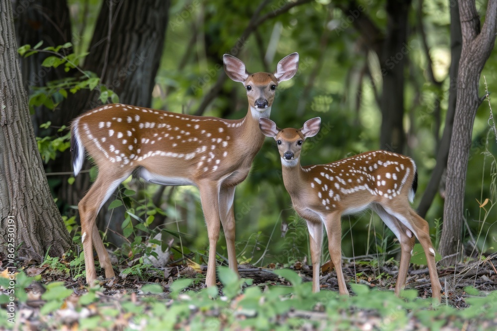 Tranquil forest scene with white-tailed deer mother and fawn Tranquil forest scene with white-tailed deer mother and fawn