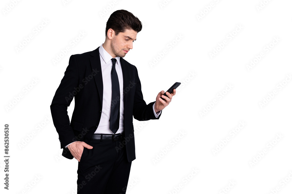Portrait of handsome charming investor investment have conversation use modern technology get message solve work problems feel worried dressed modern classic blazers isolated on argent background Portrait of handsome charming investor investment have conversation use modern technology get message solve work problems feel worried dressed modern classic blazers isolated on argent background