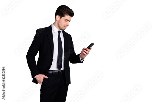 Portrait of handsome charming investor investment have conversation use modern technology get message solve work problems feel worried dressed modern classic blazers isolated on argent background © deagreez