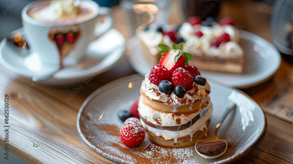 A sophisticated café setting with a focus on a creamy coffee and a beautifully presented dessert, capturing the essence of café bliss. Ai generated A sophisticated café setting with a focus on a creamy coffee and a beautifully presented dessert, capturing the essence of café bliss. Ai generated