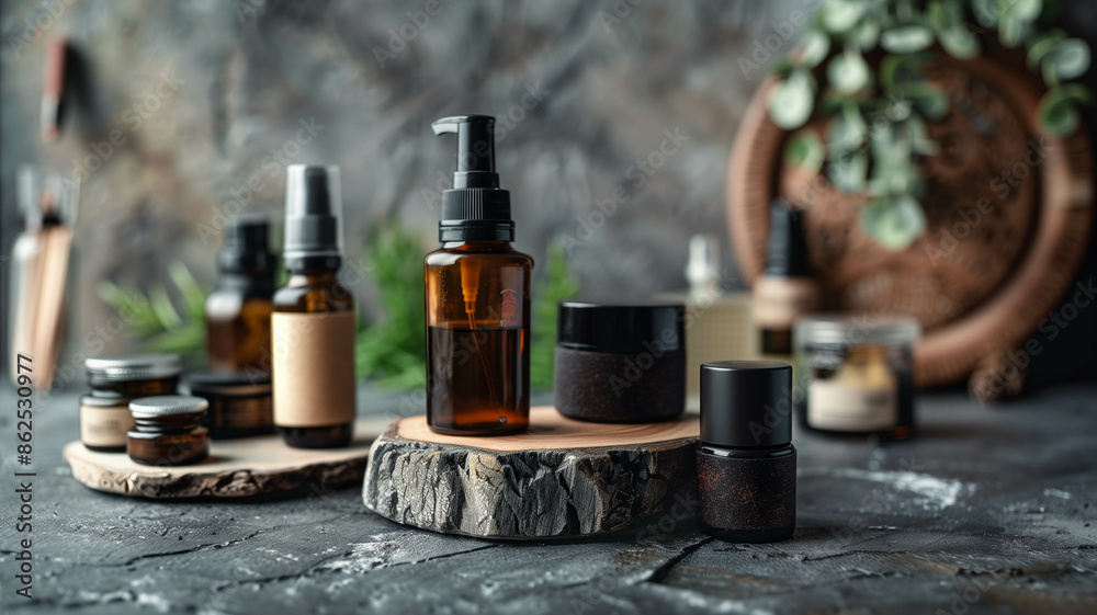 Male skincare products set against a backdrop of a stone table, capturing a sense of elegance and simplicity. Ai generated Male skincare products set against a backdrop of a stone table, capturing a sense of elegance and simplicity. Ai generated