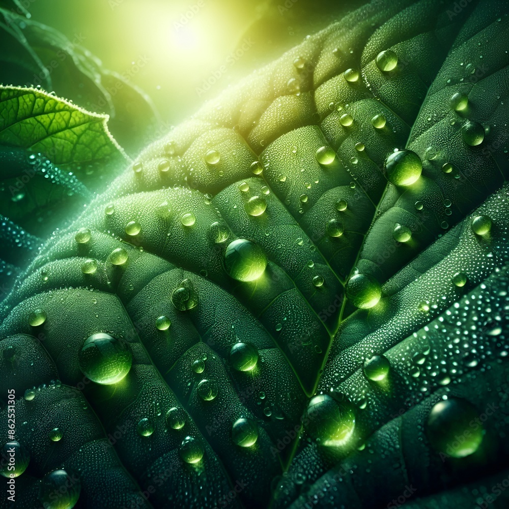 Fototapeta premium Close-up of a leaf covered in glistening water droplets.