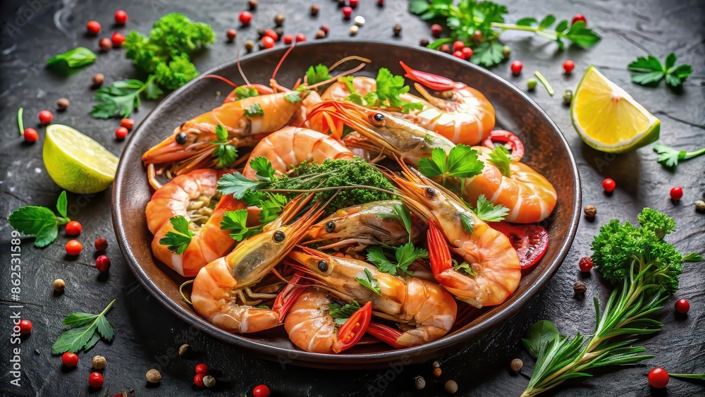 Succulent shrimp with fresh herbs and vibrant garnishes, shrimp, succulent, fresh herbs, vibrant, garnishes Succulent shrimp with fresh herbs and vibrant garnishes, shrimp, succulent, fresh herbs, vibrant, garnishes