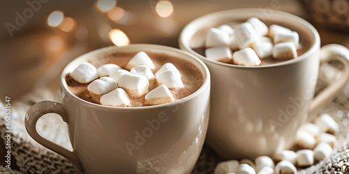  Two cups of cocoa with marshmallows, on a table with lights in the background.