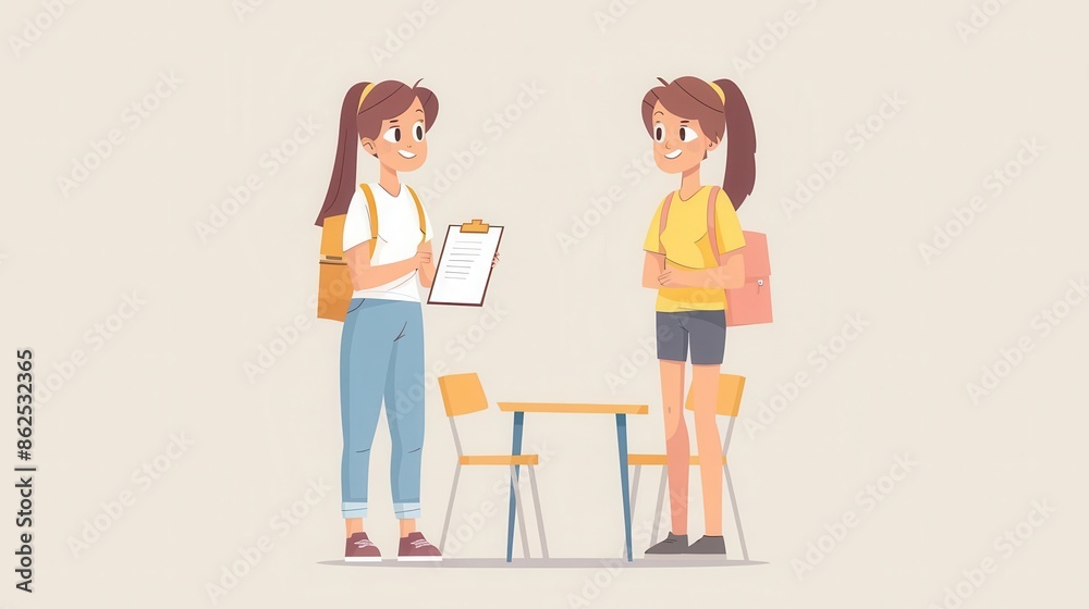 Young girl proudly showing her completed homework to the teacher, Back to school, Academic achievement