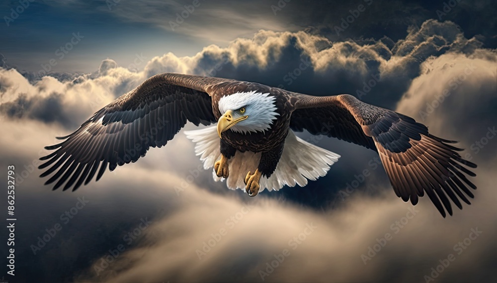 Obraz premium Bald eagle flying above the clouds