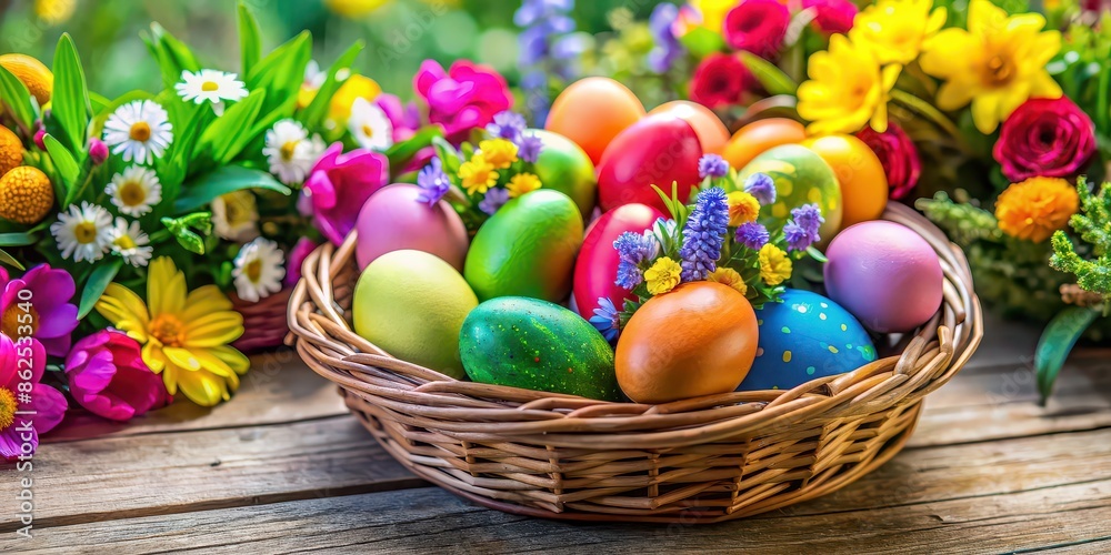 Vibrant Easter eggs in a festive basket surrounded by colorful flowers and greenery, Easter, holiday, celebration, eggs