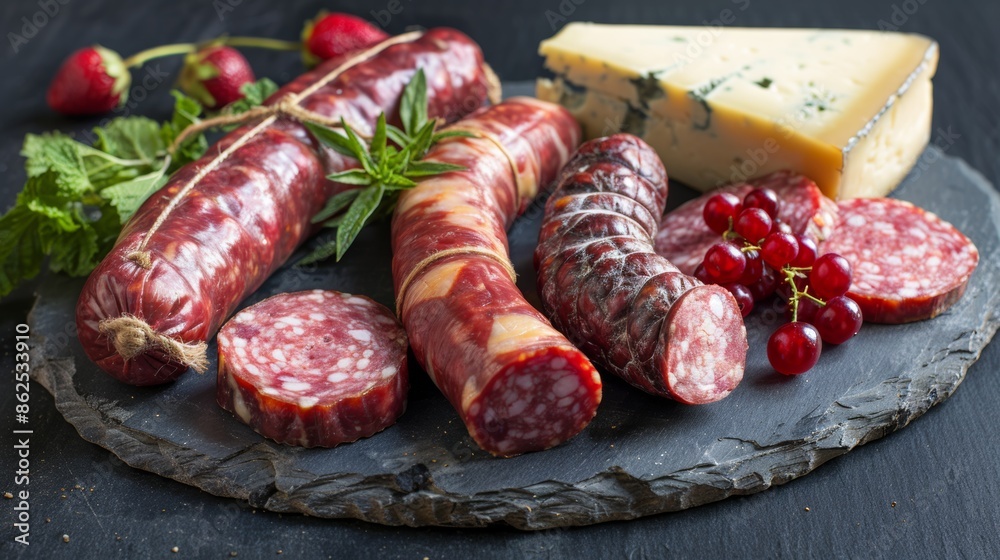 Artisan cured meats and cheese selection on slate board Artisan cured meats and cheese selection on slate board