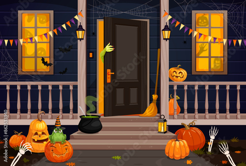Halloween witch house door porch with ghosts, broom and pumpkins. Halloween house porch vector background with Jack o lantern, frog in witch hat, potion in cauldron, ghosts and monster behind door