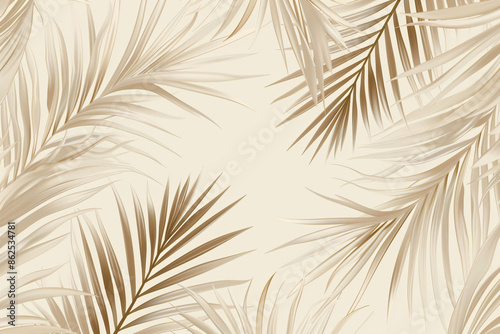 A seamless pattern of light beige palm leaves, with subtle gradients and soft lighting. The design is elegant and modern, perfect for wallpaper or interior decor. Soft background colors to enhance the