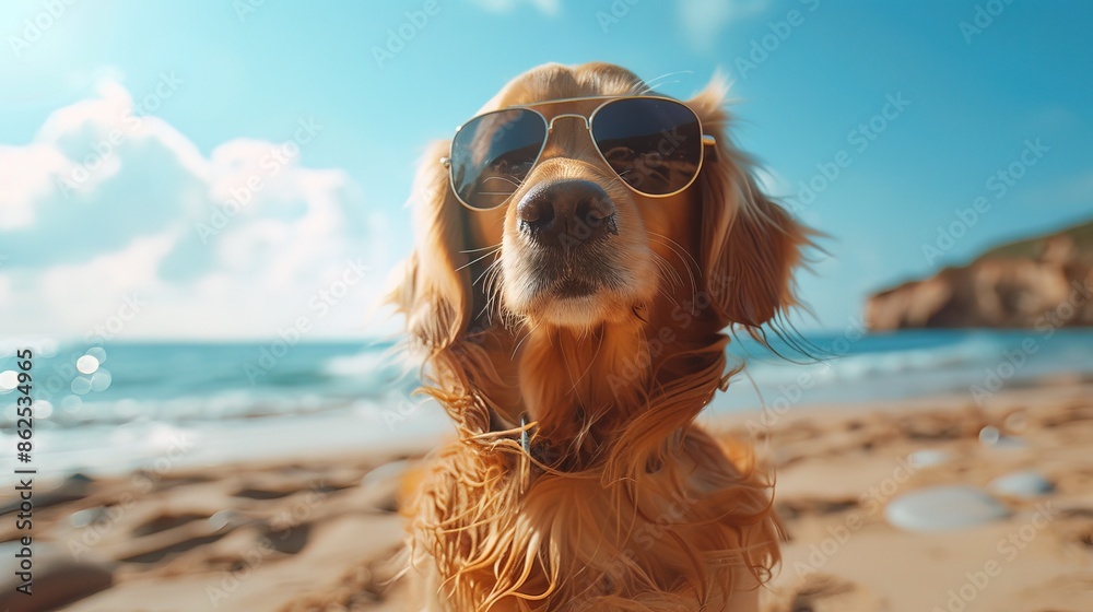 a cute dog with sunglasses on the sand beach on a sunny day enjoying vacation. hot summer day at the sea ocean a cute dog with sunglasses on the sand beach on a sunny day enjoying vacation. hot summer day at the sea ocean