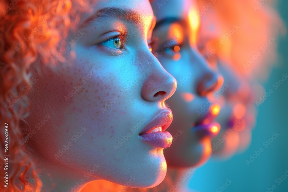 Overlay of female models’ faces are illuminated with different neon colored lights which creates dramatic effect, some of them looking at a camera with their mouths slightly open. Overlay of female models’ faces are illuminated with different neon colored lights which creates dramatic effect, some of them looking at a camera with their mouths slightly open.