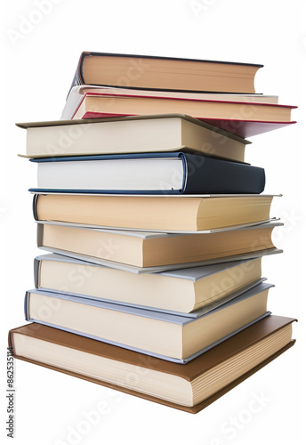 Picture of thick textbooks stacked together on a white background