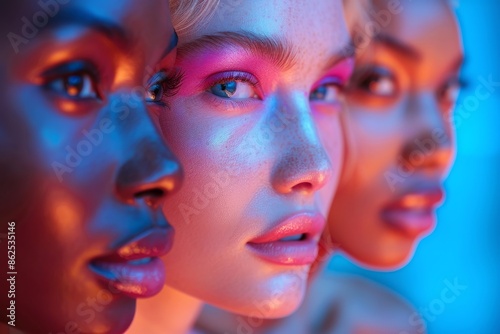 Overlay of female models’ faces are illuminated with different neon colored lights which creates dramatic effect, some of them looking at a camera with their mouths slightly open. © Surachetsh