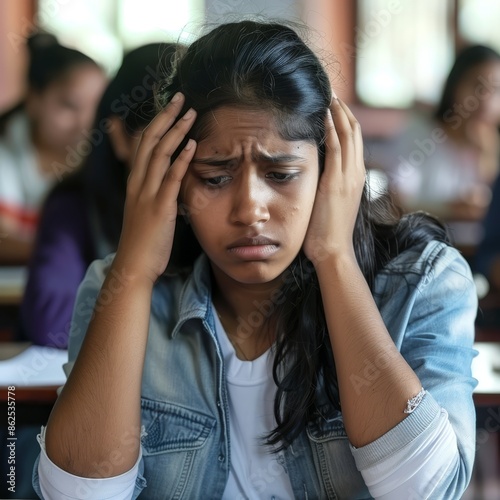 A young woman at a university, holding her forehead, overwhelmed by academic pressure.