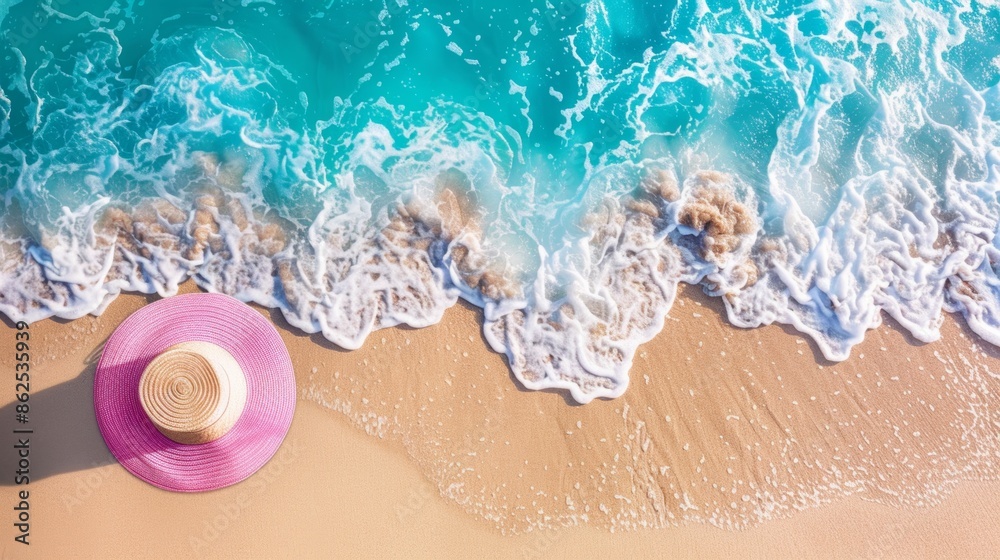 Obraz premium Tranquil beach scene with pink sun hat on sandy shore and gentle waves