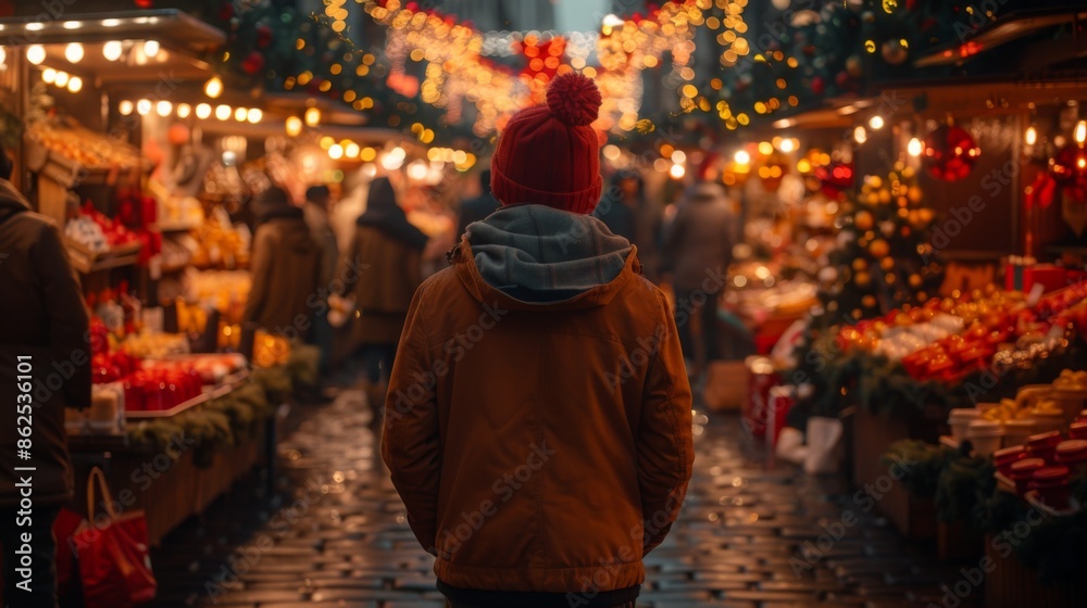 Fototapeta premium Create a festive Christmas background with a bustling holiday market, filled with vendors selling treats, gifts, and decorations.