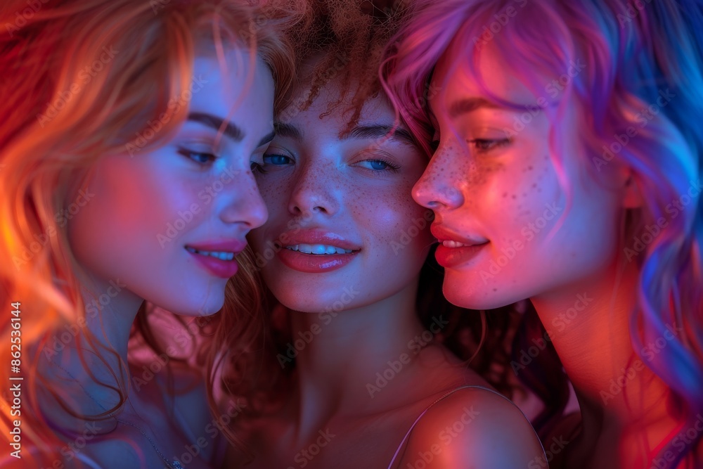 Overlay of female models’ faces are illuminated with different neon colored lights which creates dramatic effect, some of them looking at a camera with their mouths slightly open.