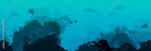 Vector sea background seamless horizontally. Coral bottom with sea animals. Good detail