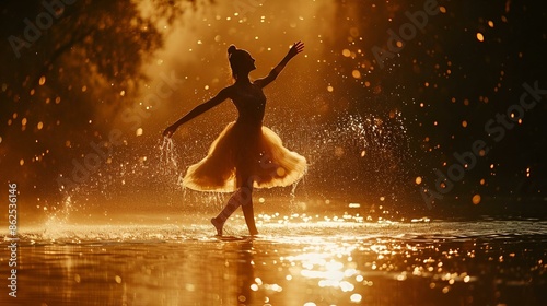 A woman in a yellow dress gracefully dances in the water,.