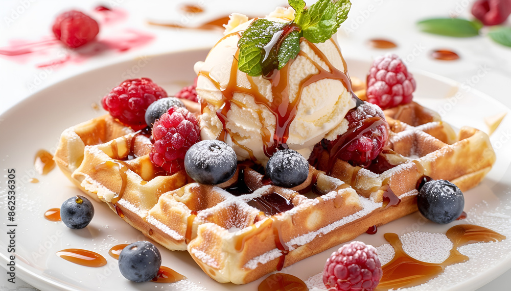 Tasty Belgian waffle with ice cream, berries and caramel syrup on white background Tasty Belgian waffle with ice cream, berries and caramel syrup on white background