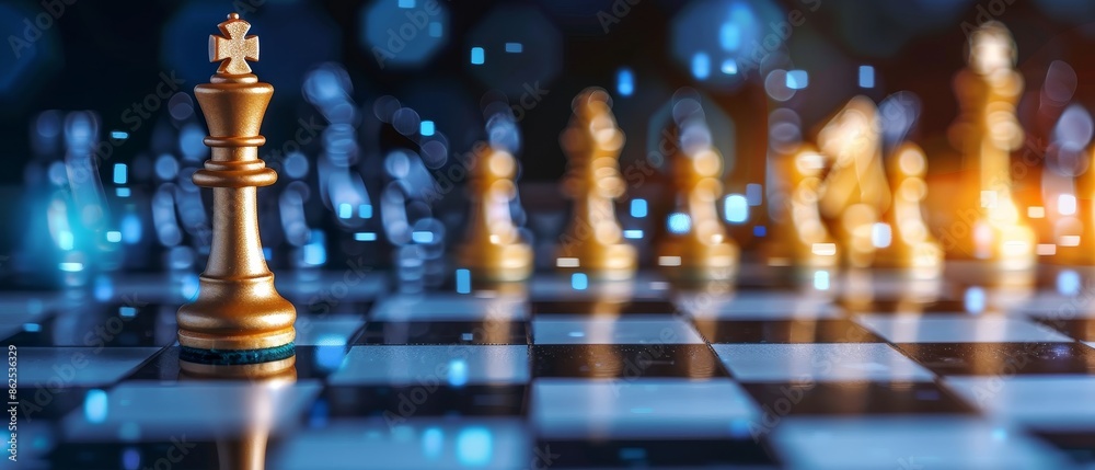 Golden chess pieces on a chessboard illuminated with a bokeh background, symbolizing strategy and decision-making in a vibrant setting. Golden chess pieces on a chessboard illuminated with a bokeh background, symbolizing strategy and decision-making in a vibrant setting.