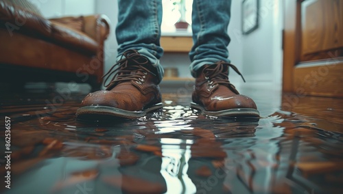 Brown Leather Boots Standing In Water On Flooded Floor Inside Home
