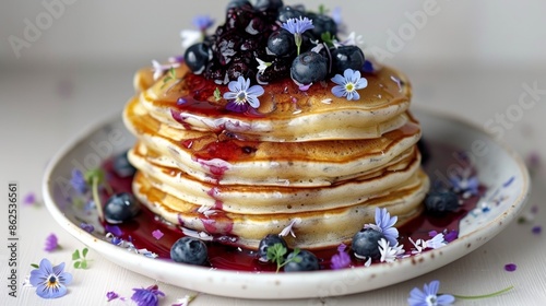 Delectable Blueberry Pancake Stack With Syrup and Flowers photo