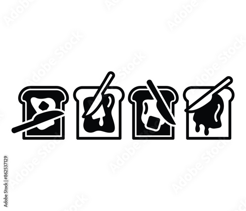 baked bread toast butter with knife icons vector design black white color illustration collection set