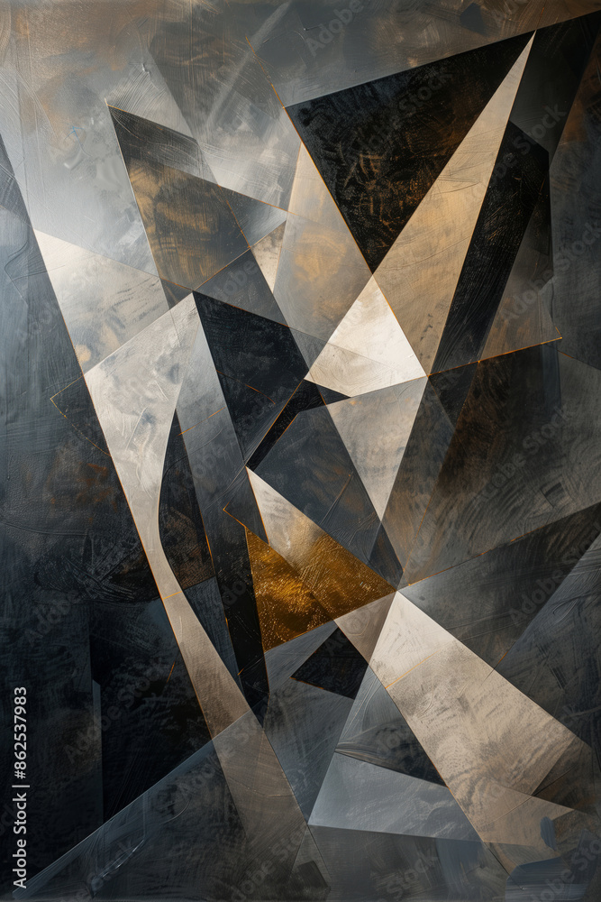 Canvas poster with gray-gold and bluish geometric shapes in wallpaper style Canvas poster with gray-gold and bluish geometric shapes in wallpaper style