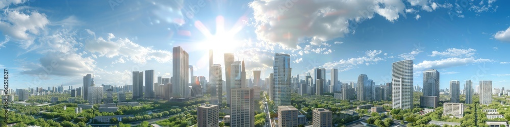 City Panorama. Daytime Modern City Skyline with Bright Sky - 3D Render City Panorama. Daytime Modern City Skyline with Bright Sky - 3D Render