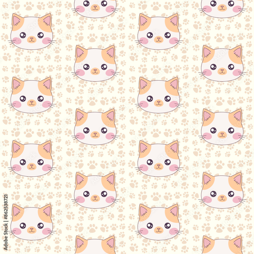 Kawaii cat with paw seamless pattern. Pattern for international cat day Kawaii cat with paw seamless pattern. Pattern for international cat day