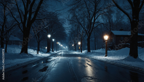 nostalgic feel. night. a road leads off into the distance.