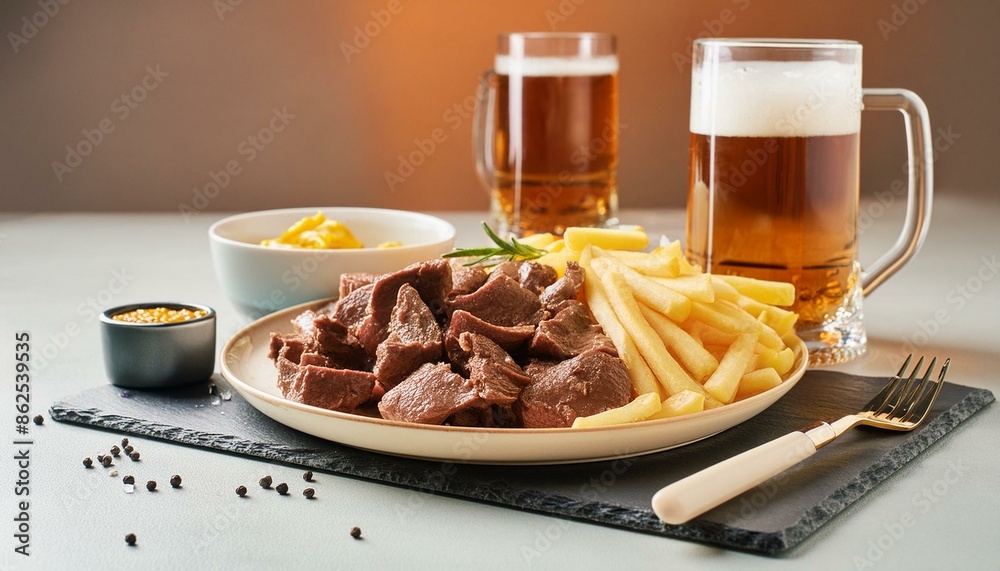 A plate of Belgian Stoofvlees, a beer-braised beef dish, served with French fries. Serve with a glass of Belgian beer and a few mustard seeds.