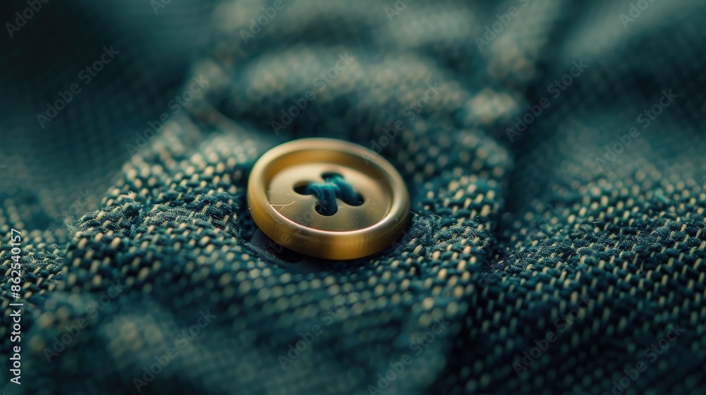 A close-up photo of a gold button on a teal fabric shirt A close-up photo of a gold button on a teal fabric shirt