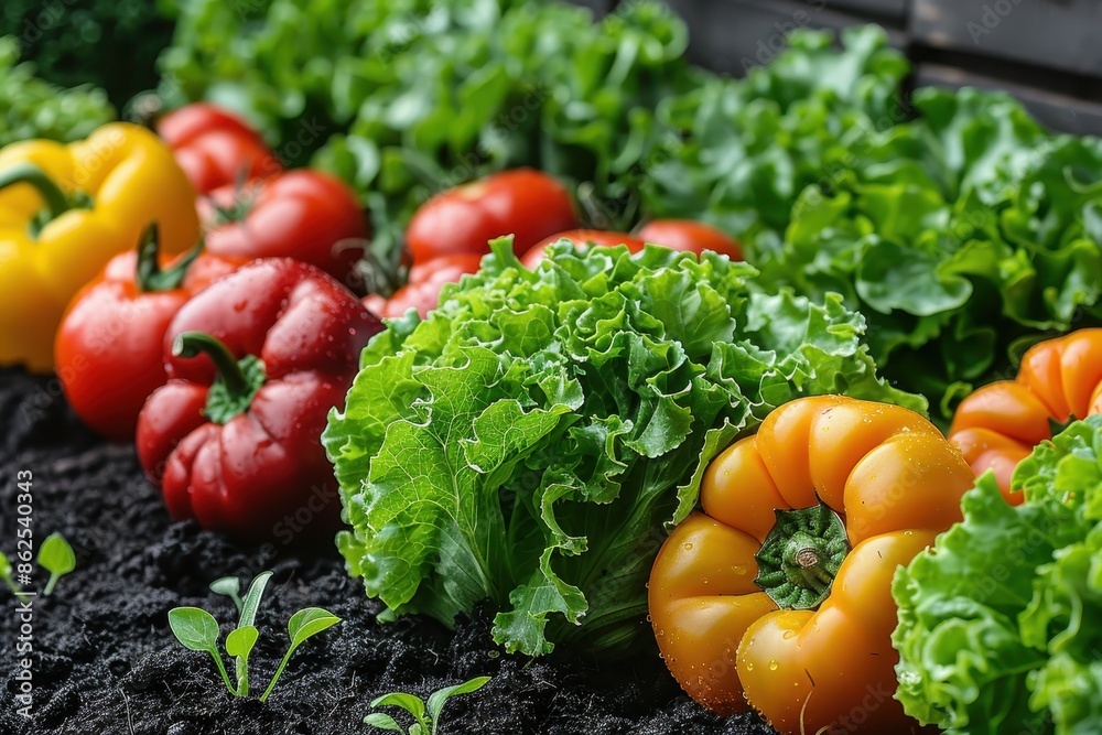 A lush, green garden with rows of different vegetables growing, including lettuce, tomatoes, and peppers. A lush, green garden with rows of different vegetables growing, including lettuce, tomatoes, and peppers.