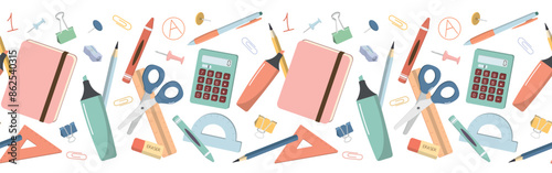 School stationery seamless border pattern. Back to School banner design pattern. Isolated on white background.