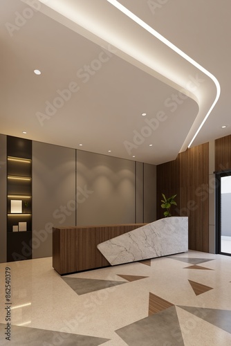 Contemporary office & hotel lounge interior with backdrop mockup, 3d illustration render