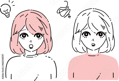 考える女性と閃く女性のイラストセット