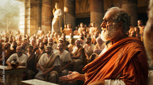 Ancient philosophers speaking to audience in a historical setting
