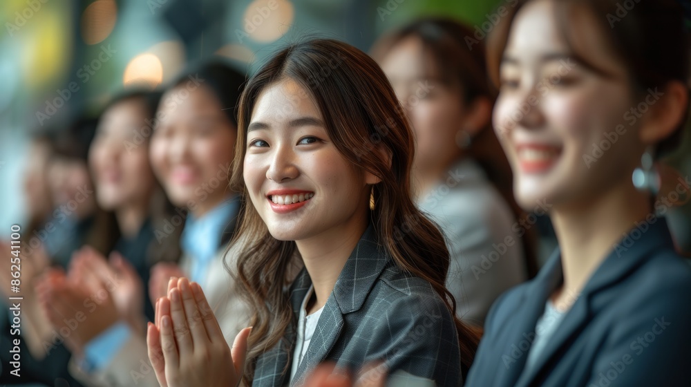 A group of Asian business professionals, smiling and clapping their hands, is attending a work conference and listening to presentations. People have seats in the auditorium or meeting room.