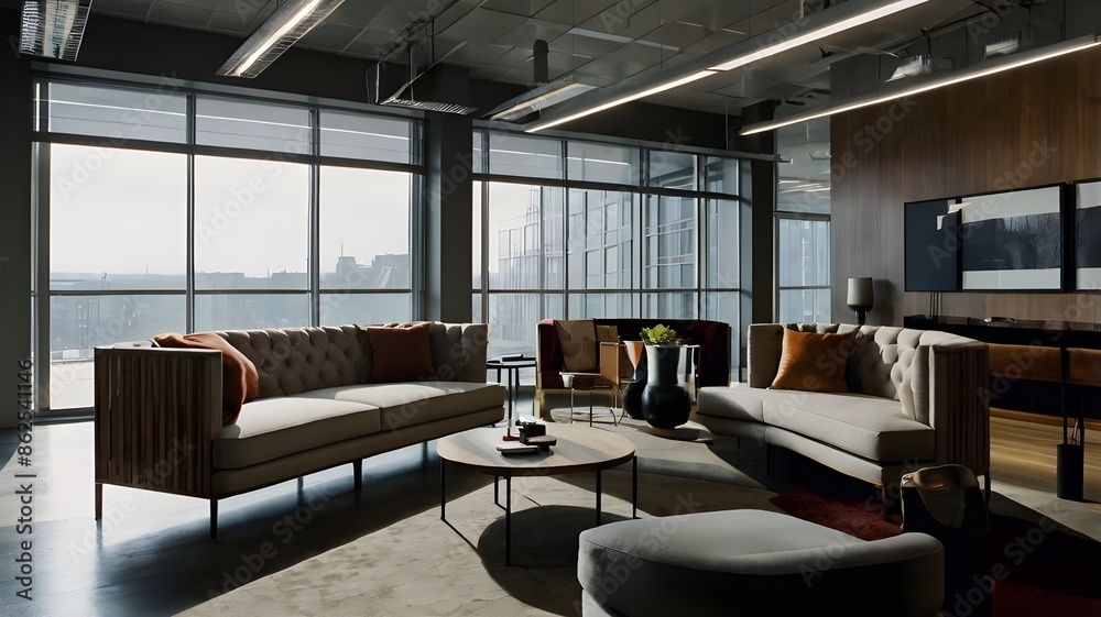 Interior is an office waiting room with large windows and with sofas
