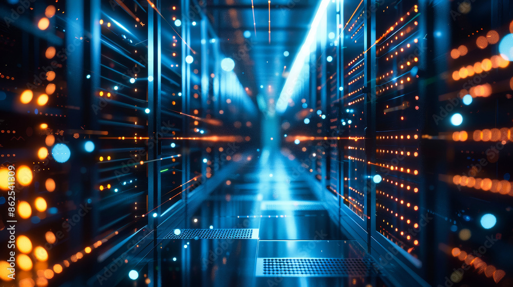 Data center with a row of computer servers. Abstract generic concept of cyberspace, communication and technology. Data center with a row of computer servers. Abstract generic concept of cyberspace, communication and technology.