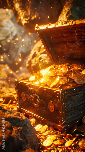 An old wooden treasure chest with gold coins in a hidden cave